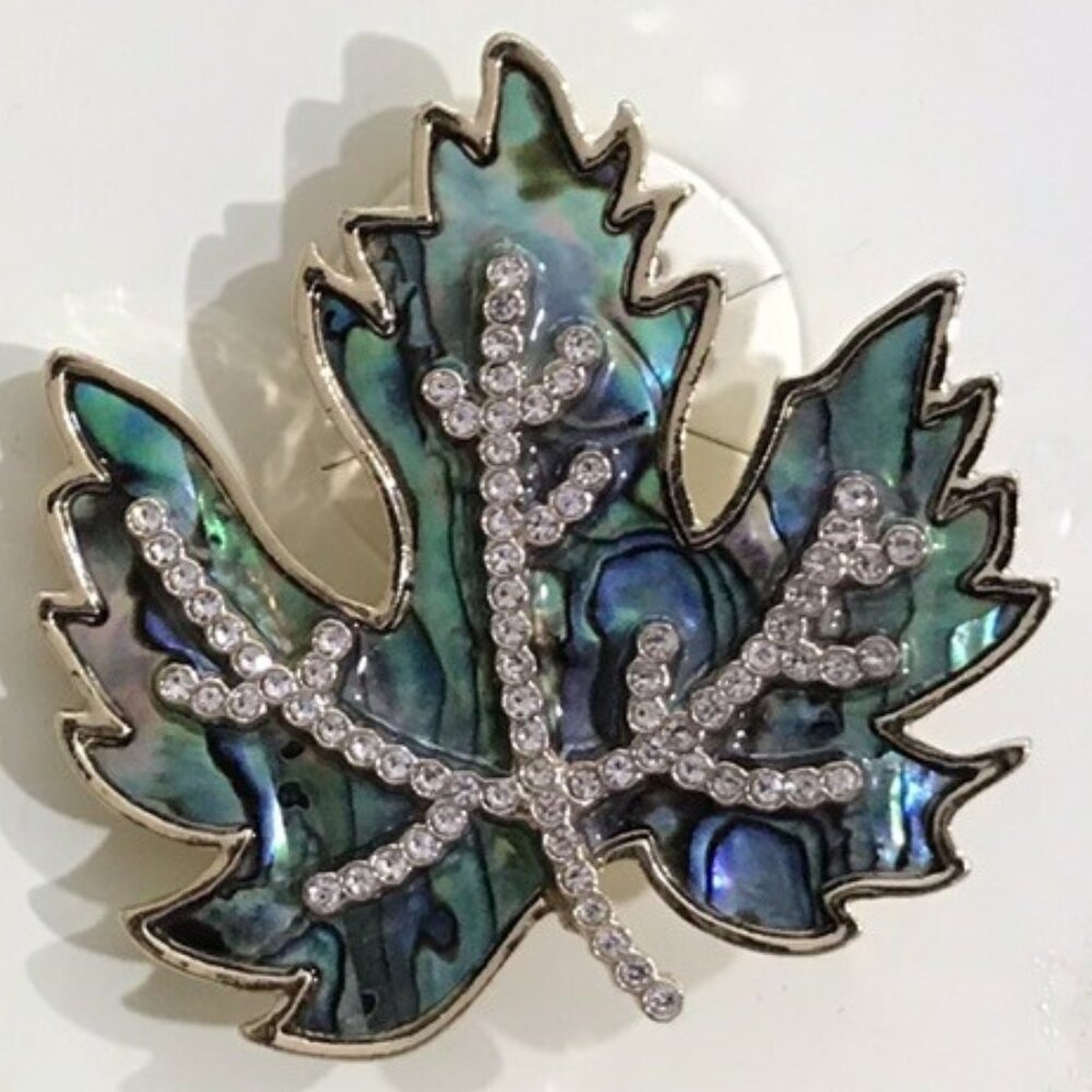 DANA BUCHMAN Autumn Leaf Gold Abalone Shell/Clear Rhinestone Crystal Brooch Pin
